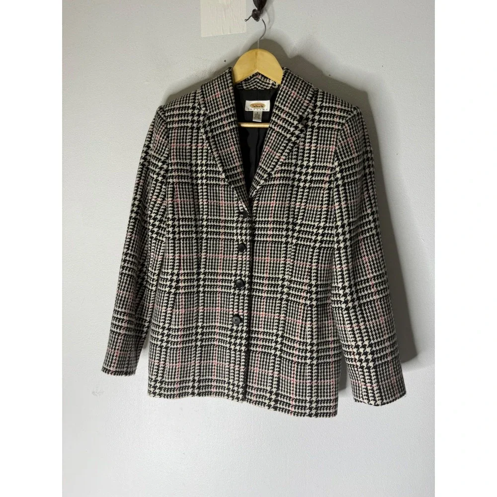 VINTAGE Talbots Petite Houndstooth Preppy Wool Blazer Black‎ White Red Plaid 6P